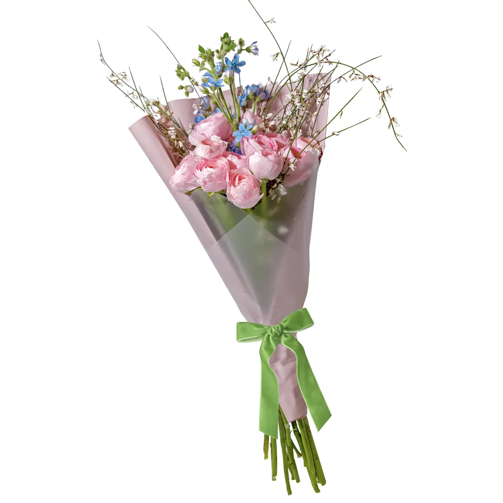 Buchet Romantic cu 15 Ranunculus Roz, Oxypetalum și Genista Parfumată