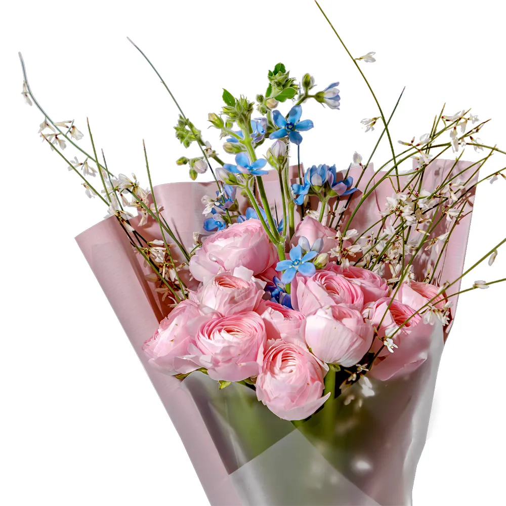 Buchet Romantic cu 15 Ranunculus Roz, Oxypetalum și Genista Parfumată - imagine 3
